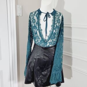 Vintage LULUMARI Deep V Teal Lace Bodysuit